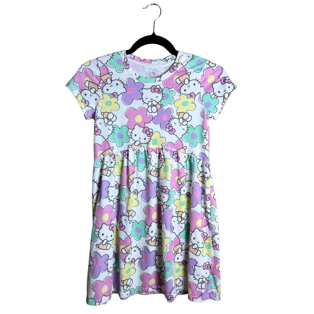 Sanrio Hello Kitty Girls White Floral A-Line Short Sleeve Dress Size L 10/12